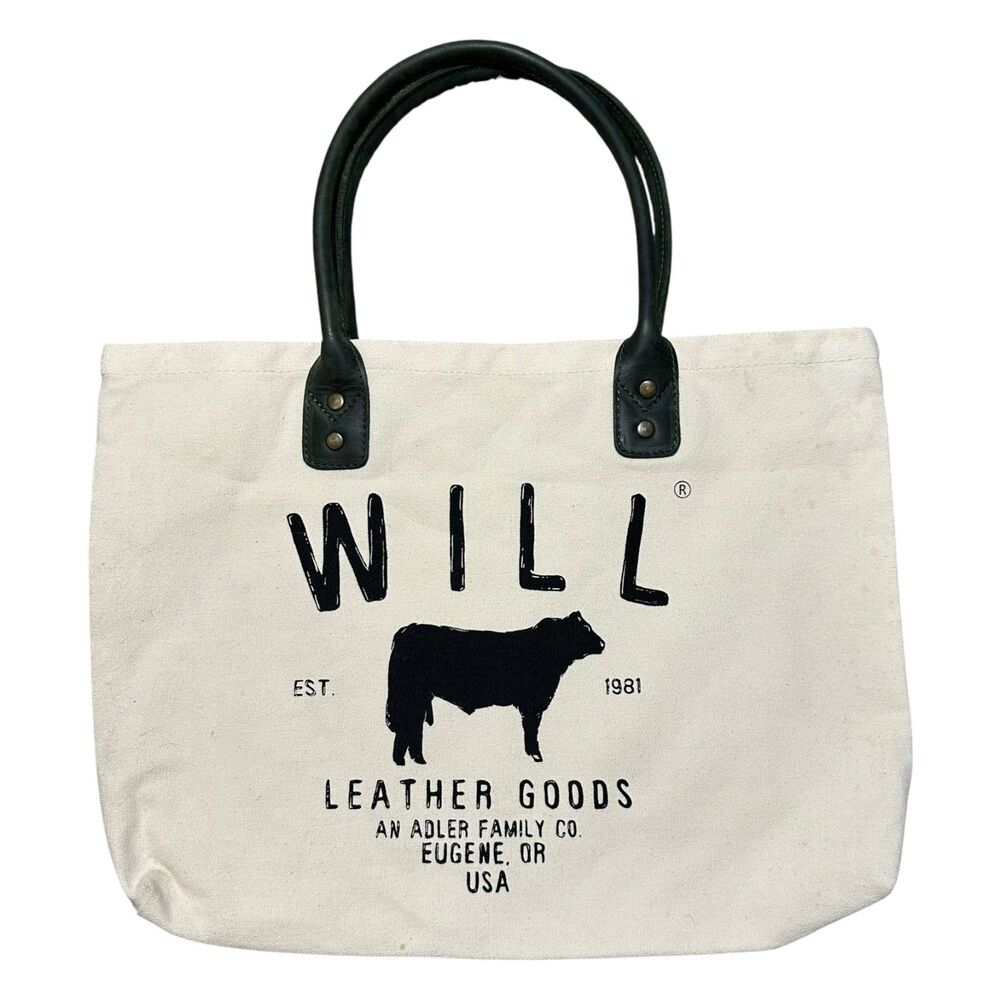 Will Leather Goods Cream Canvas Tote with Black Print and Handles